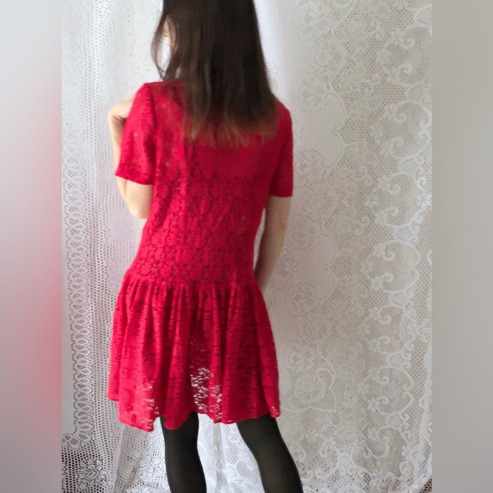Vintage 90s Lace Dress Diana Marco Red Button Front - Picture 3 of 9